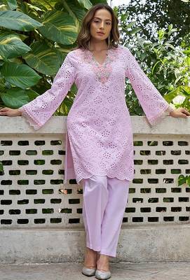 Pink schiffli embroidered pure cotton straight kurta set 1