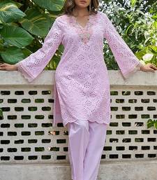 Pink schiffli embroidered pure cotton straight kurta set