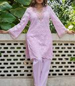Pink schiffli embroidered pure cotton straight kurta set
