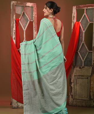 Sea green cotton saree with stripes design 2