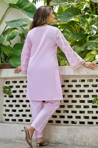 Pink schiffli embroidered pure cotton straight kurta set