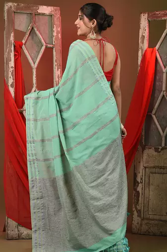 Sea green cotton saree with stripes design