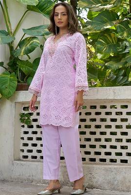 Pink schiffli embroidered pure cotton straight kurta set 3