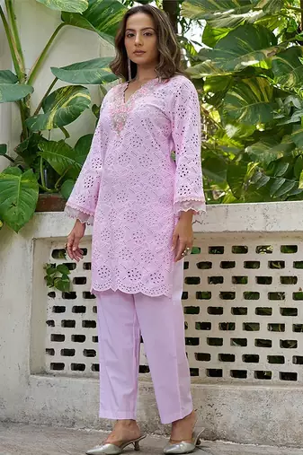 Pink schiffli embroidered pure cotton straight kurta set