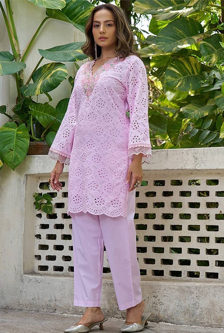 Pink schiffli embroidered pure cotton straight kurta set