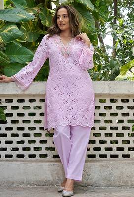 Pink schiffli embroidered pure cotton straight kurta set 4