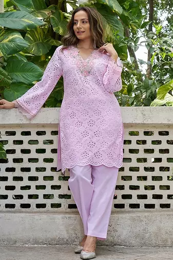 Pink schiffli embroidered pure cotton straight kurta set