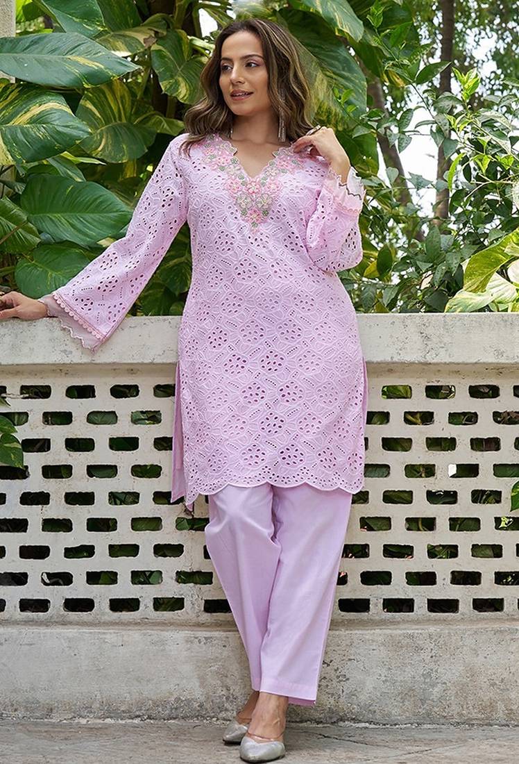 Pink schiffli embroidered pure cotton straight kurta set