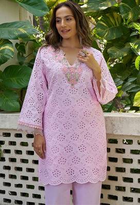 Pink schiffli embroidered pure cotton straight kurta set 5