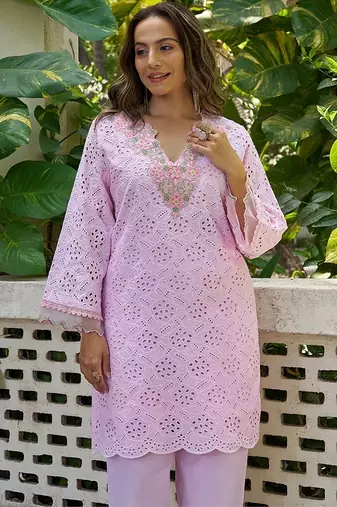 Pink schiffli embroidered pure cotton straight kurta set