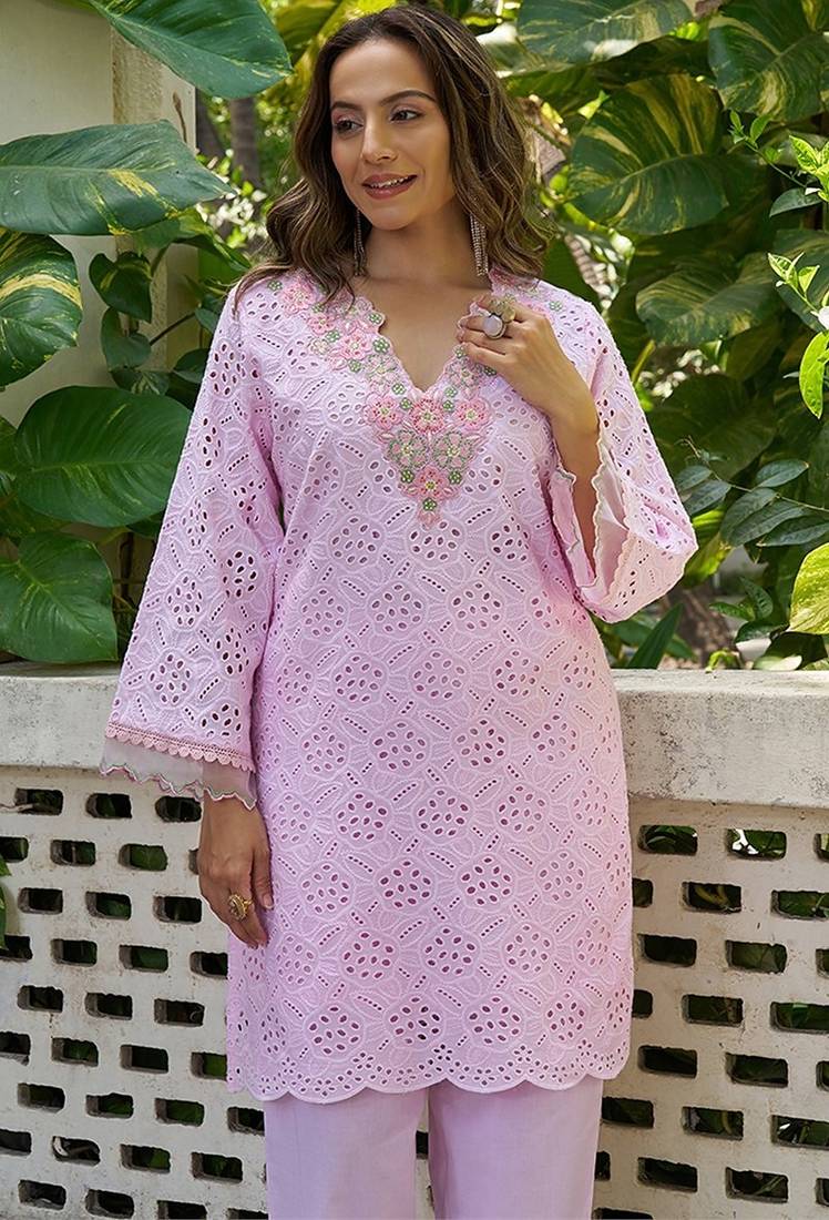 Pink schiffli embroidered pure cotton straight kurta set