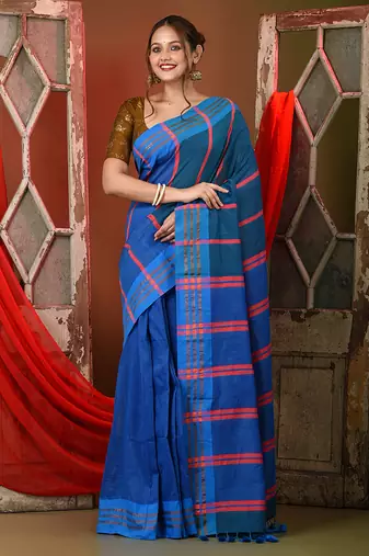 Teal blue cotton patli pallu saree with stripe designs