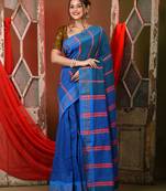Teal blue cotton patli pallu saree with stripe designs