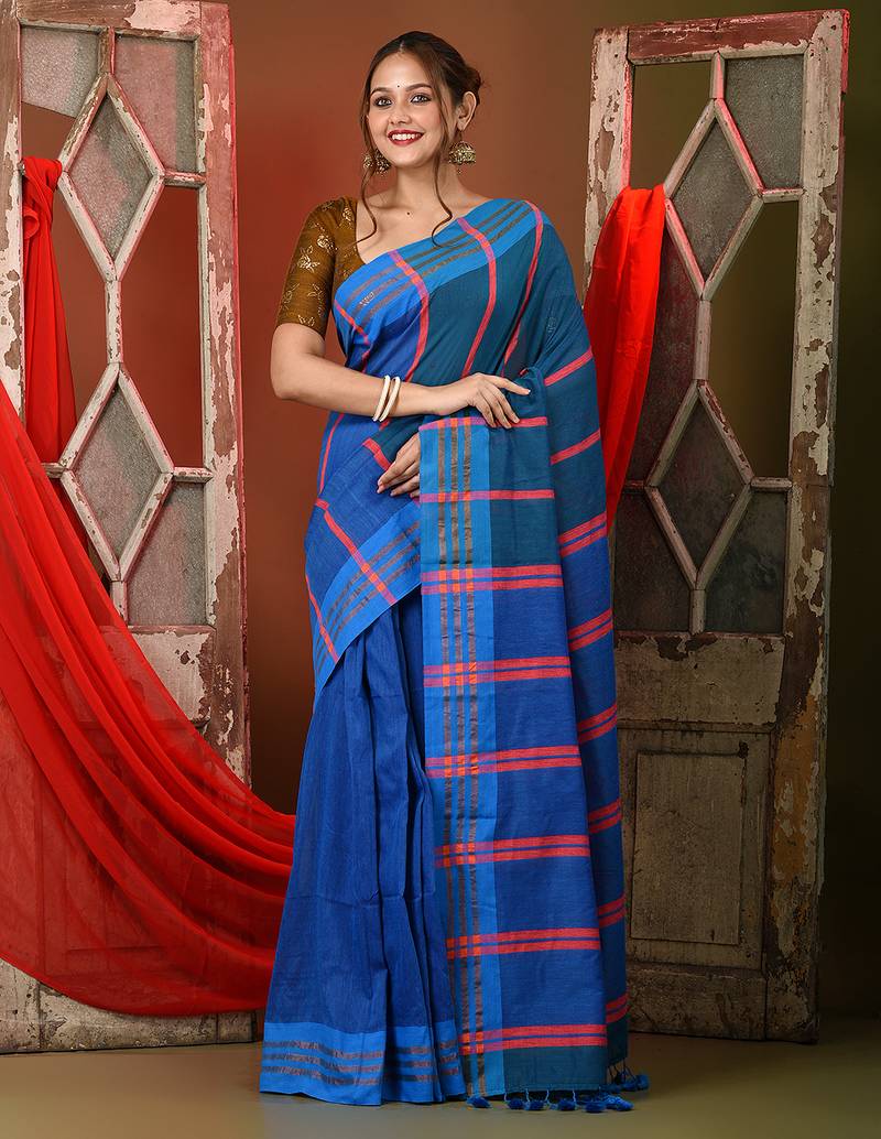 Teal blue cotton patli pallu saree with stripe designs