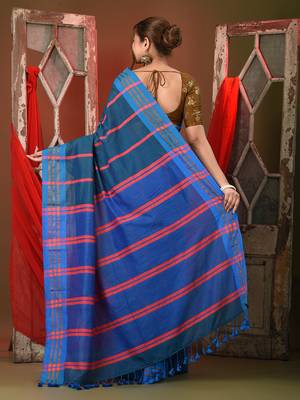 Teal blue cotton patli pallu saree with stripe designs 2
