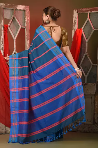 Teal blue cotton patli pallu saree with stripe designs