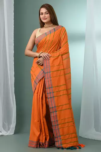 Orange cotton saree with stripes border