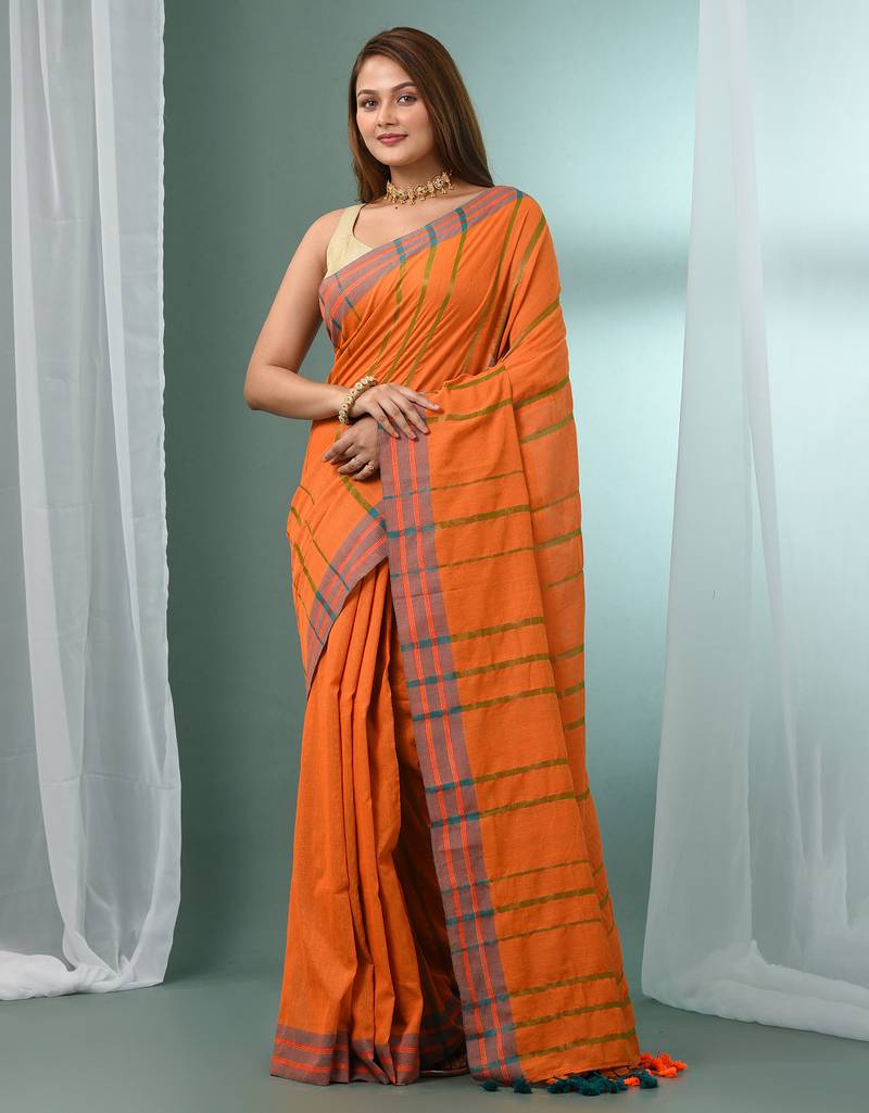 Orange cotton saree with stripes border