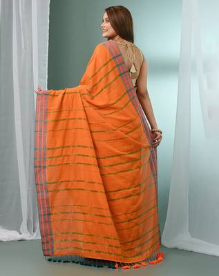 Orange cotton saree with stripes border 2