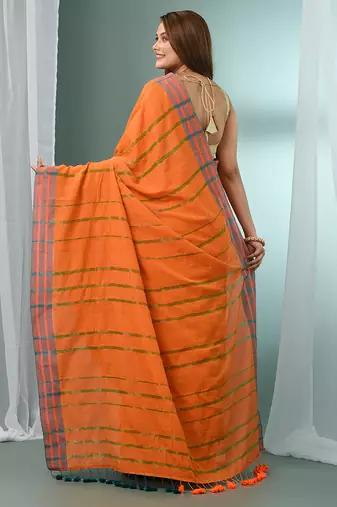 Orange cotton saree with stripes border