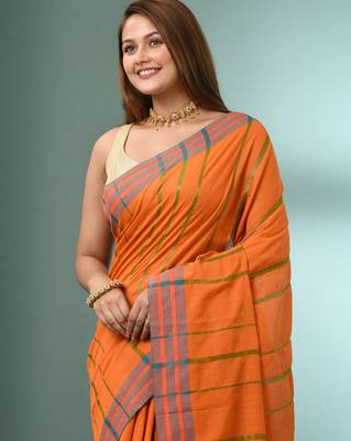 Orange cotton saree with stripes border 5