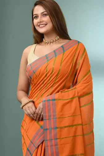 Orange cotton saree with stripes border