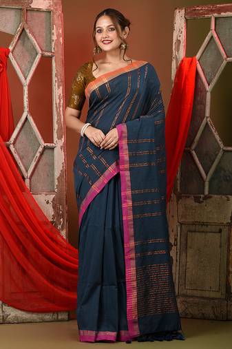 Dark grey soft cotton saree with  zari stripe designs