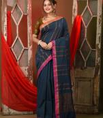 Dark grey soft cotton saree with  zari stripe designs