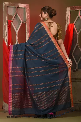 Dark grey soft cotton saree with  zari stripe designs