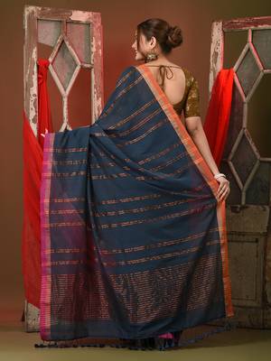 Dark grey soft cotton saree with  zari stripe designs 3