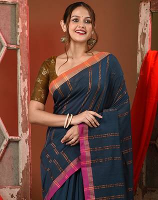 Dark grey soft cotton saree with  zari stripe designs 5