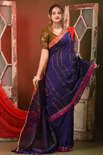 Purple soft cotton saree with  zari stripe designs