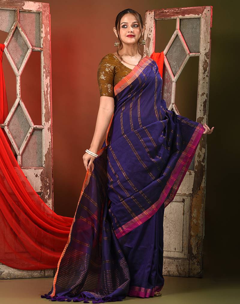 Purple soft cotton saree with  zari stripe designs