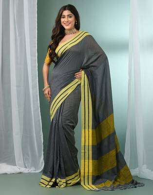Grey cotton saree with stripe border 1