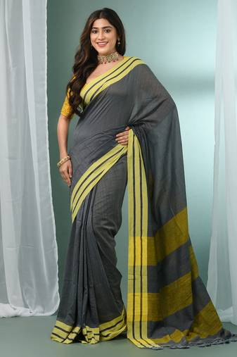 Grey cotton saree with stripe border