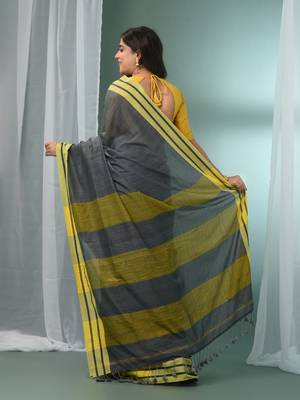 Grey cotton saree with stripe border 3