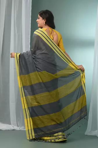 Grey cotton saree with stripe border