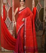 Red cotton patli pallu saree with stripes zari designs and dual border