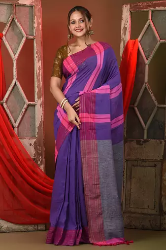 Violet cotton saree with zari stripes solid border