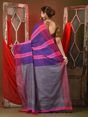 Violet cotton saree with zari stripes solid border 2