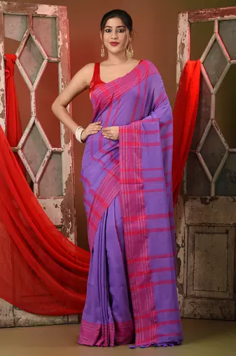 Violet cotton saree with stripes pattern