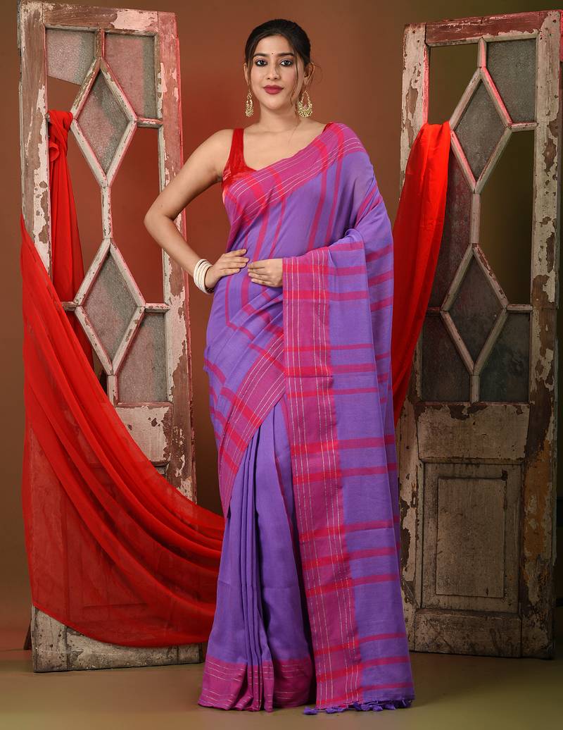 Violet cotton saree with stripes pattern