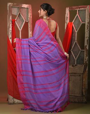 Violet cotton saree with stripes pattern 3
