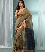 Ecru cotton saree with stripes zari pallu