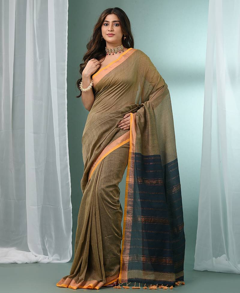 Ecru cotton saree with stripes zari pallu