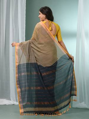 Ecru cotton saree with stripes zari pallu 3