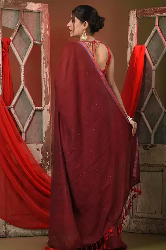 Red cotton saree with sequined pallu