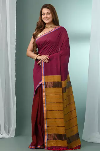 Magenta cotton saree with sequine work and zari stripe pallu