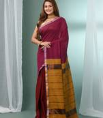 Magenta cotton saree with sequine work and zari stripe pallu