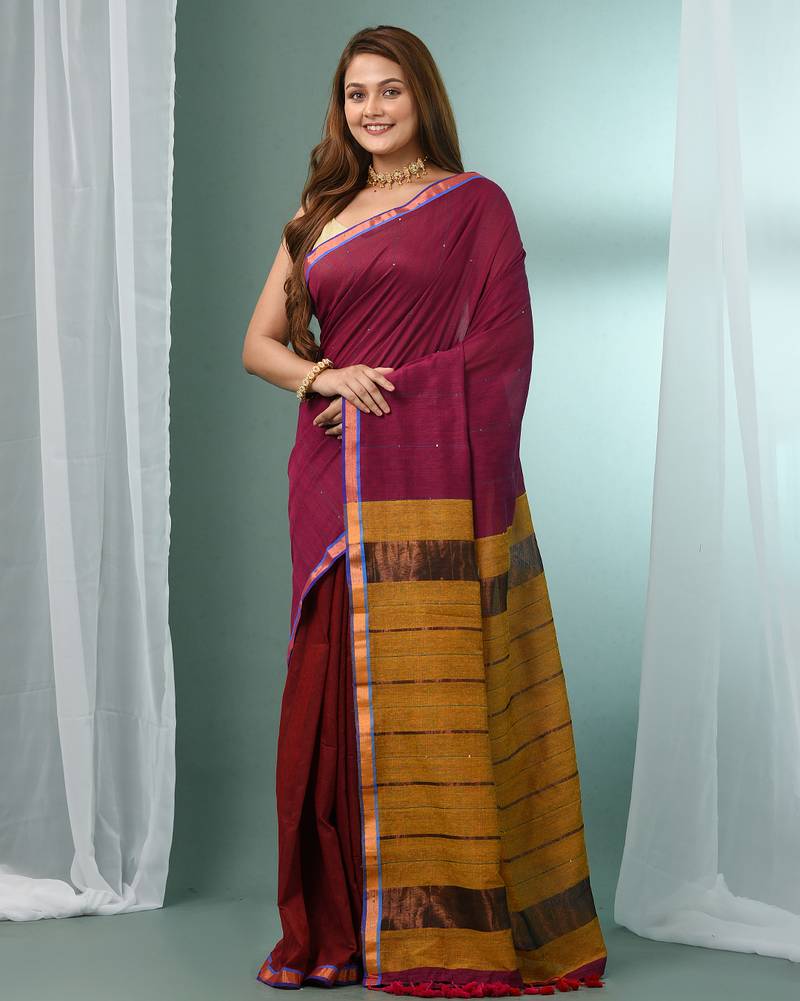 Magenta cotton saree with sequine work and zari stripe pallu